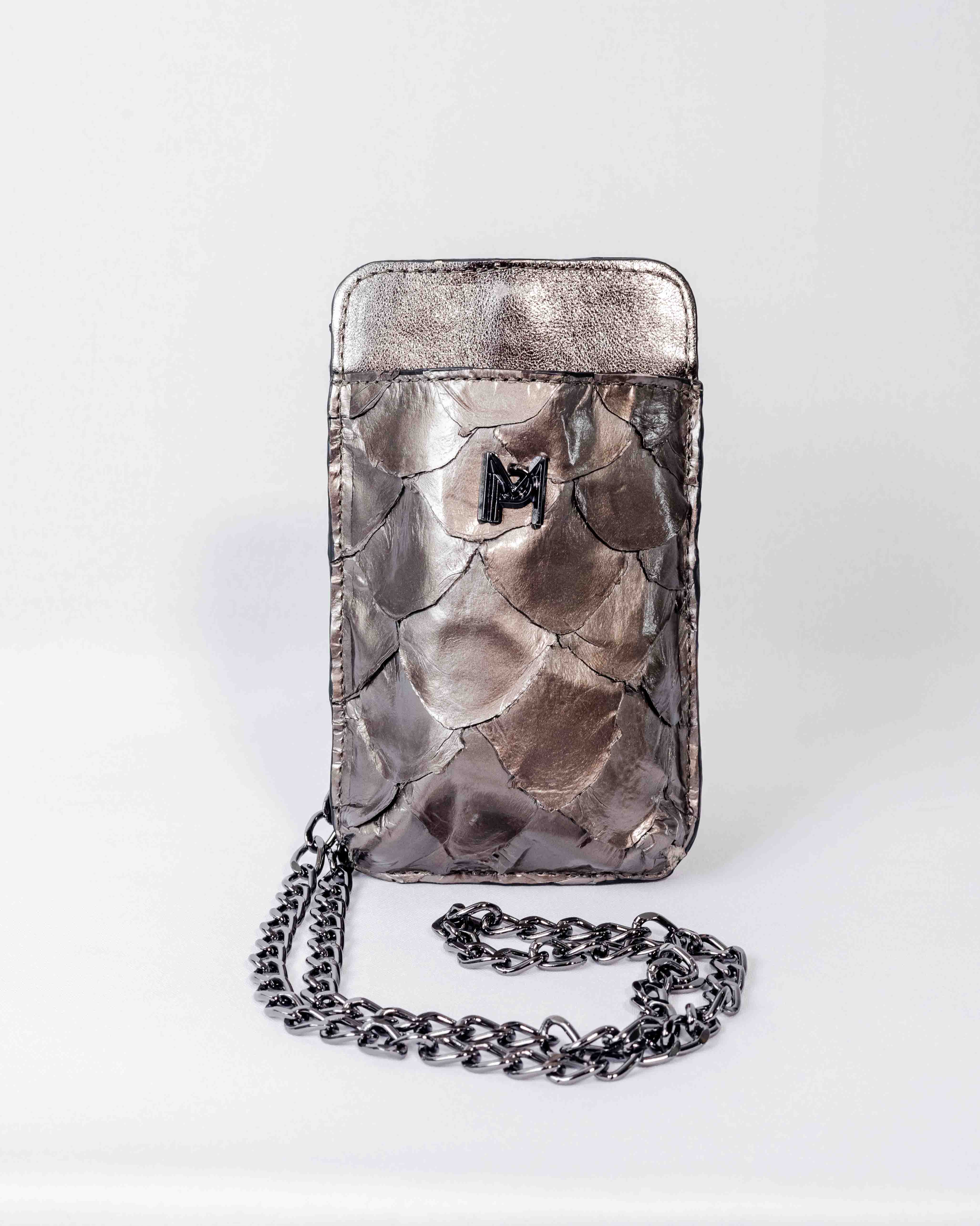 Bolsa Porta Celular de Couro Pirarucu Sophie - Grafite Metalizado