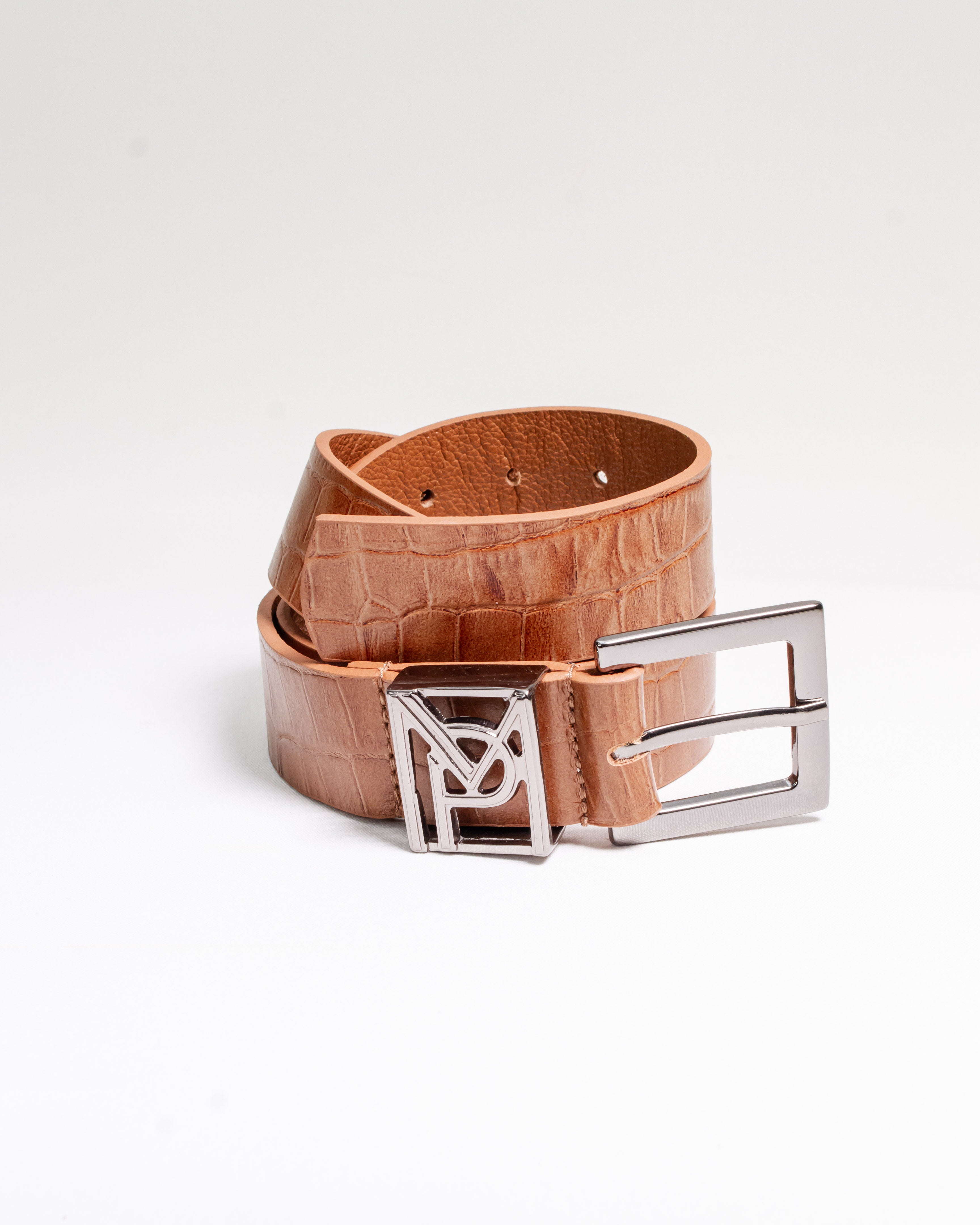 CINTO COURO LEGÍTIMO CARAMELO CROCO - FERRAGEM ÔNIX