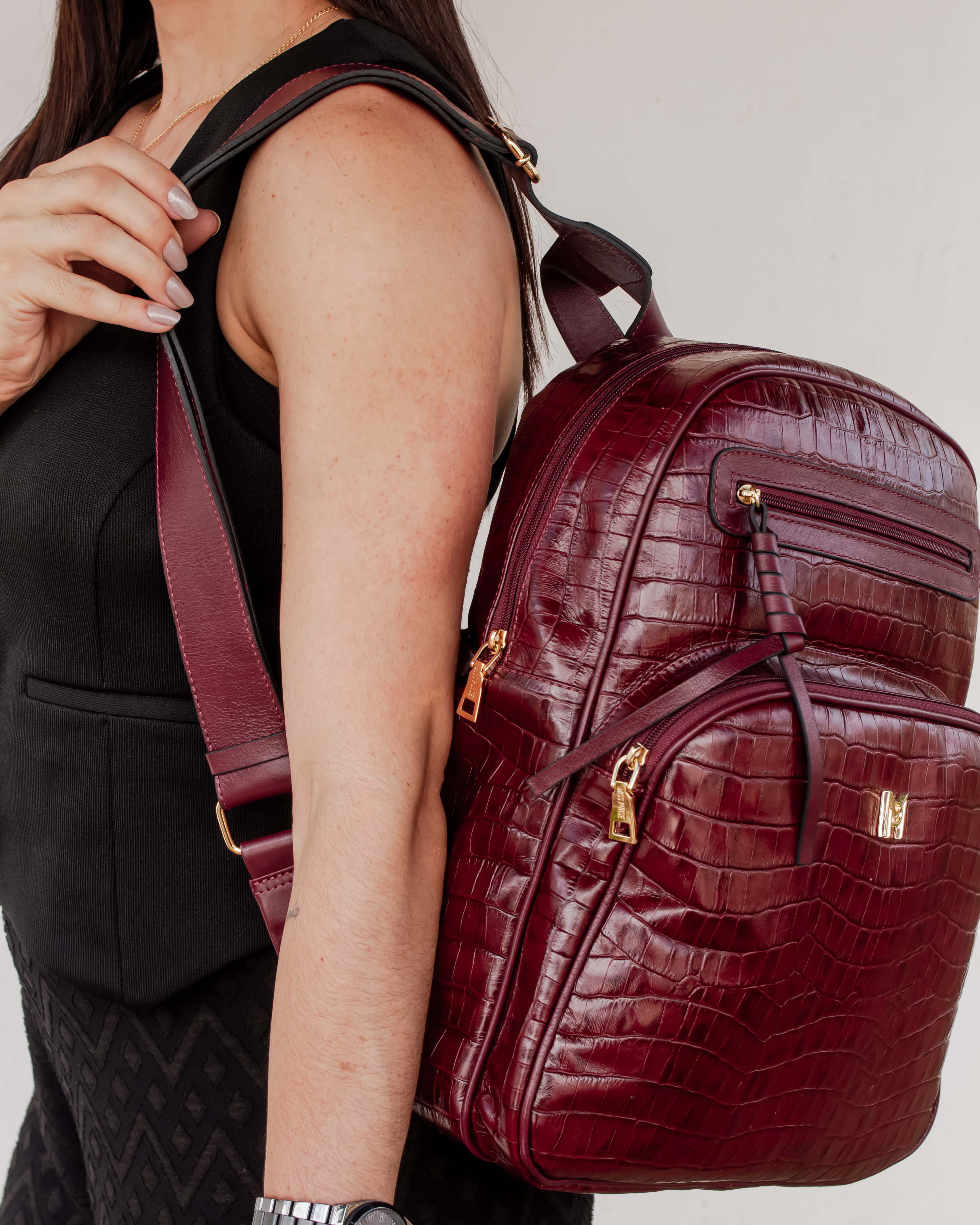 MOCHILA FLÓRIDA EM COURO LEGÍTIMO MARSALA CROCO