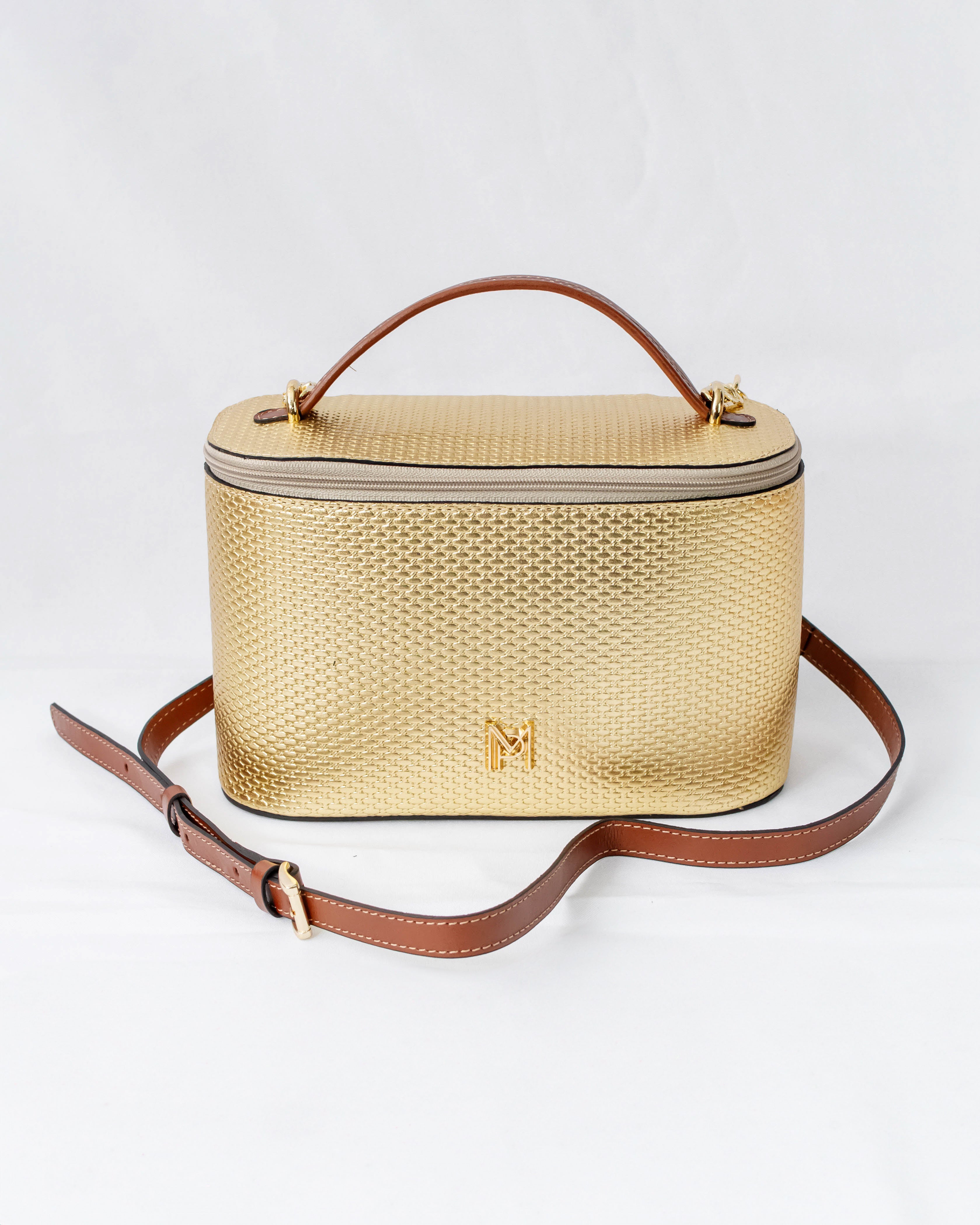 NECESSAIRE E BOLSA LUA EM COURO LEGÍTIMO DOURADO