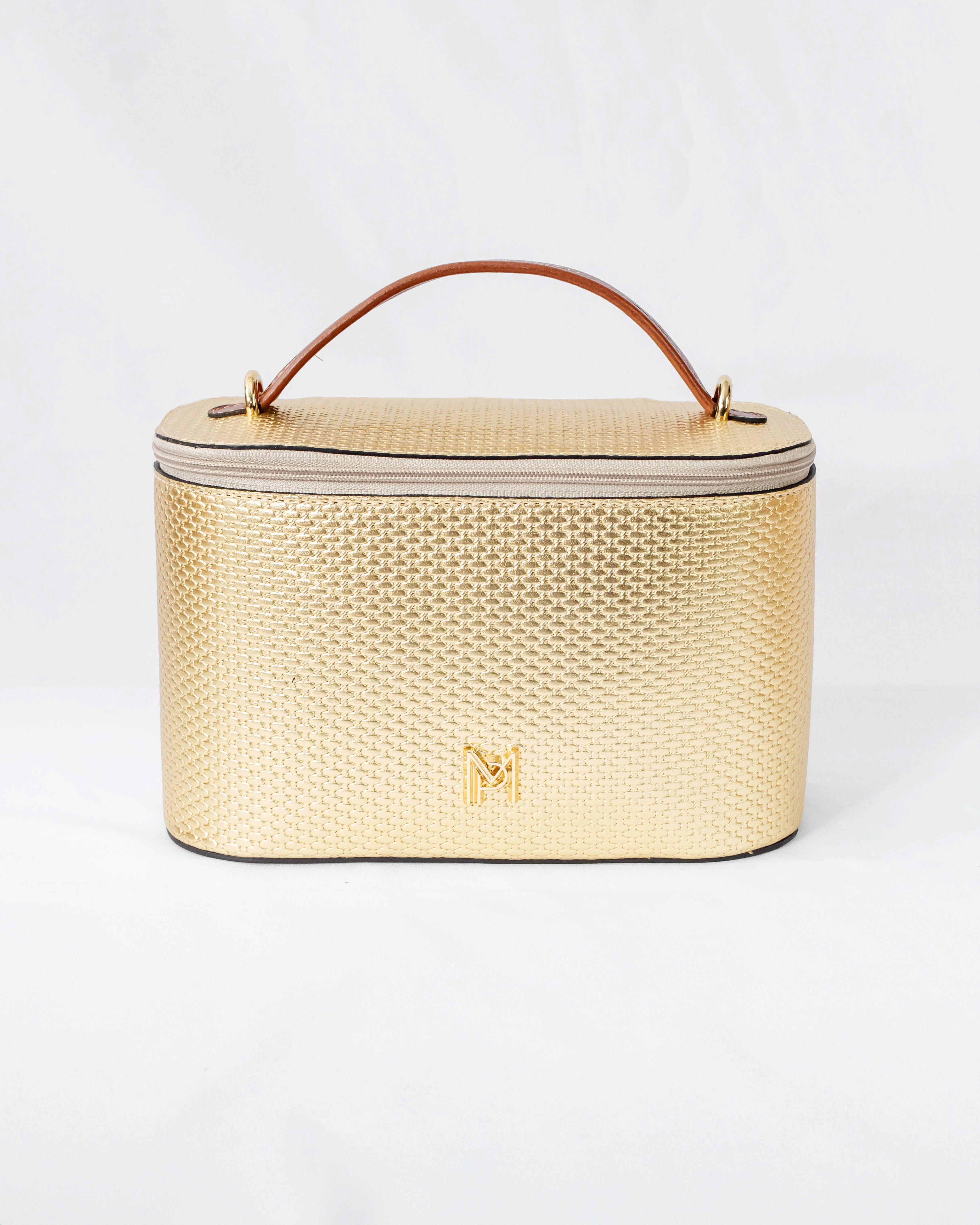 NECESSAIRE E BOLSA LUA EM COURO LEGÍTIMO DOURADO