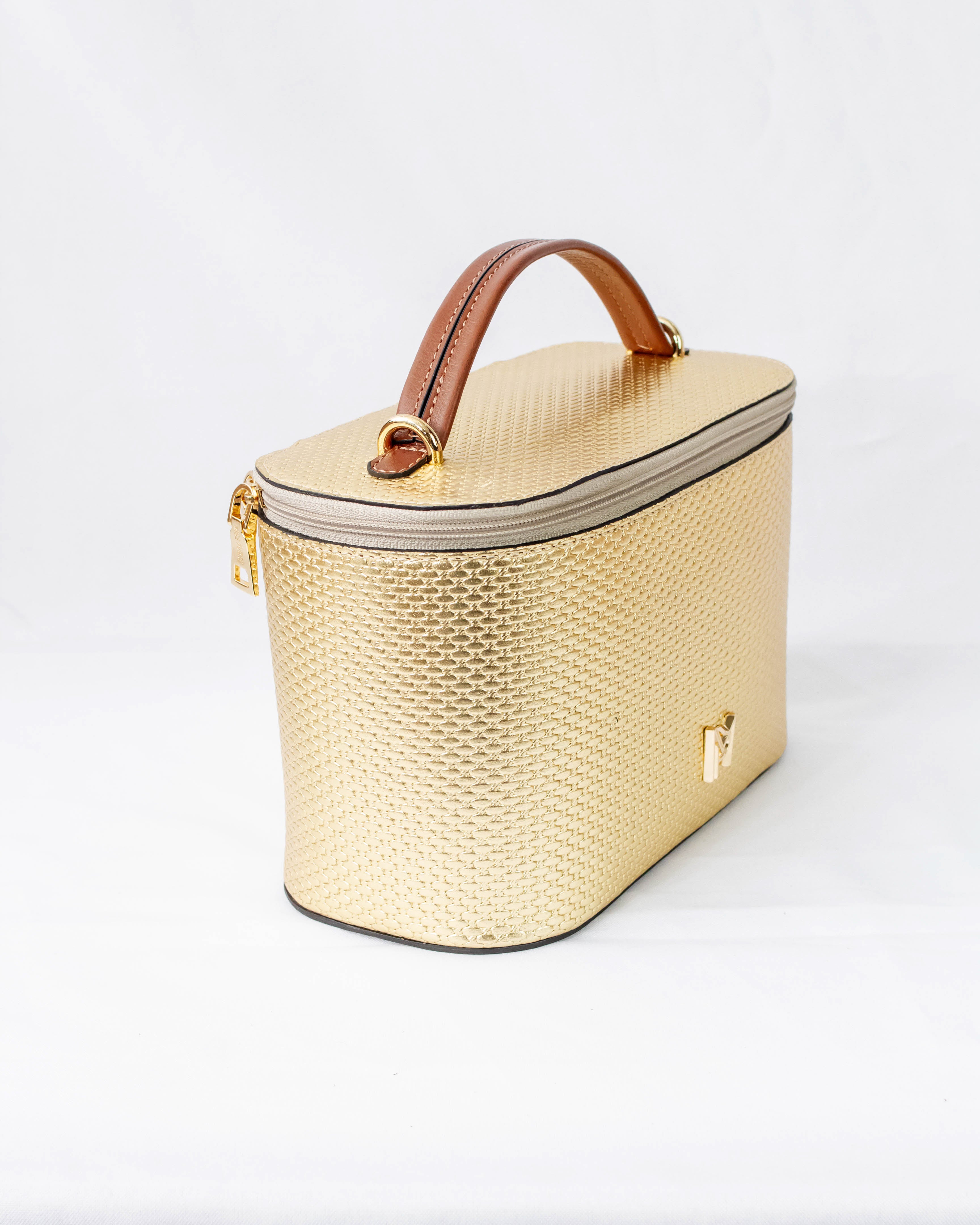 NECESSAIRE E BOLSA LUA EM COURO LEGÍTIMO DOURADO