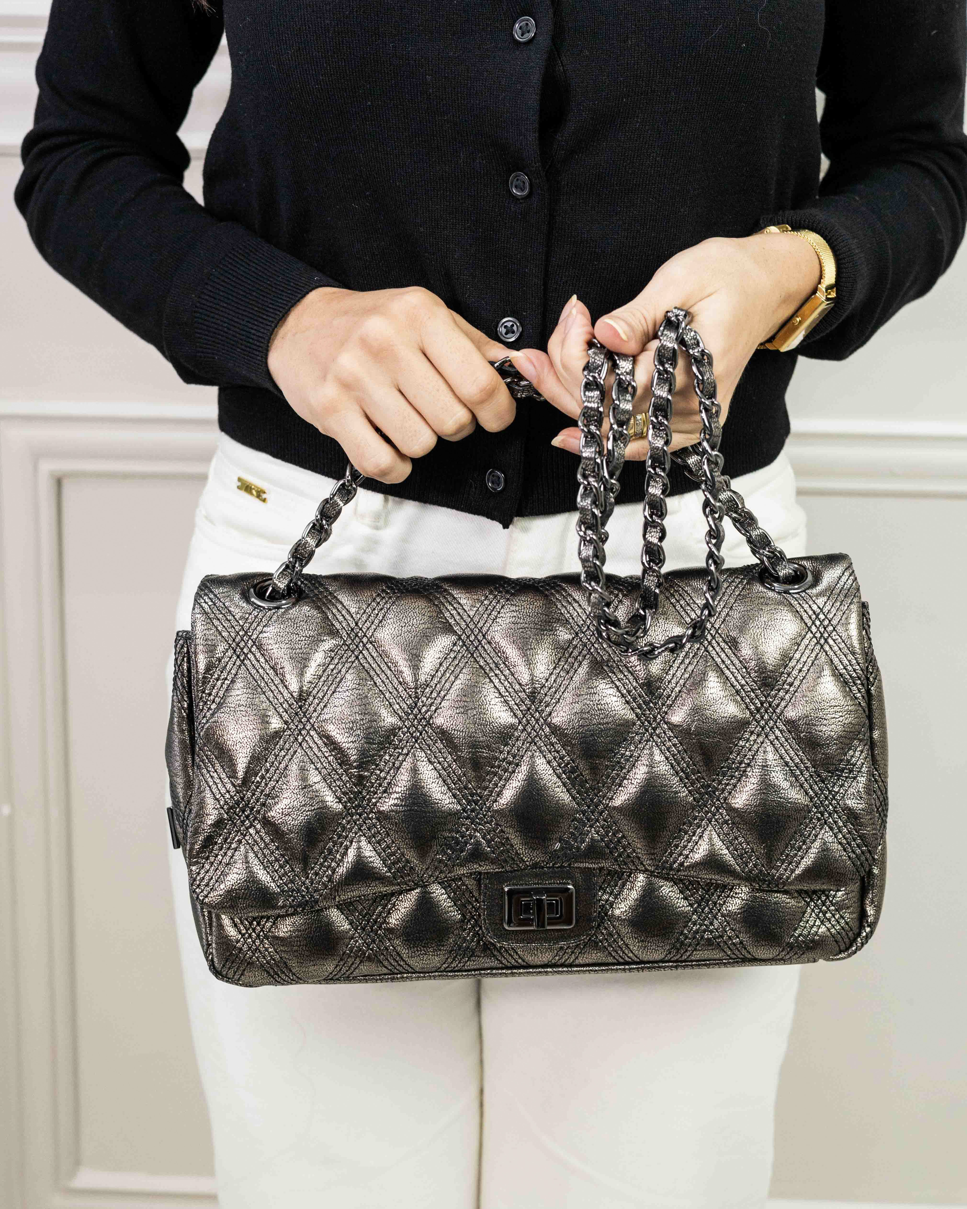 BOLSA BEATRICE MATELASSÊ ÔNIX METALIZADA