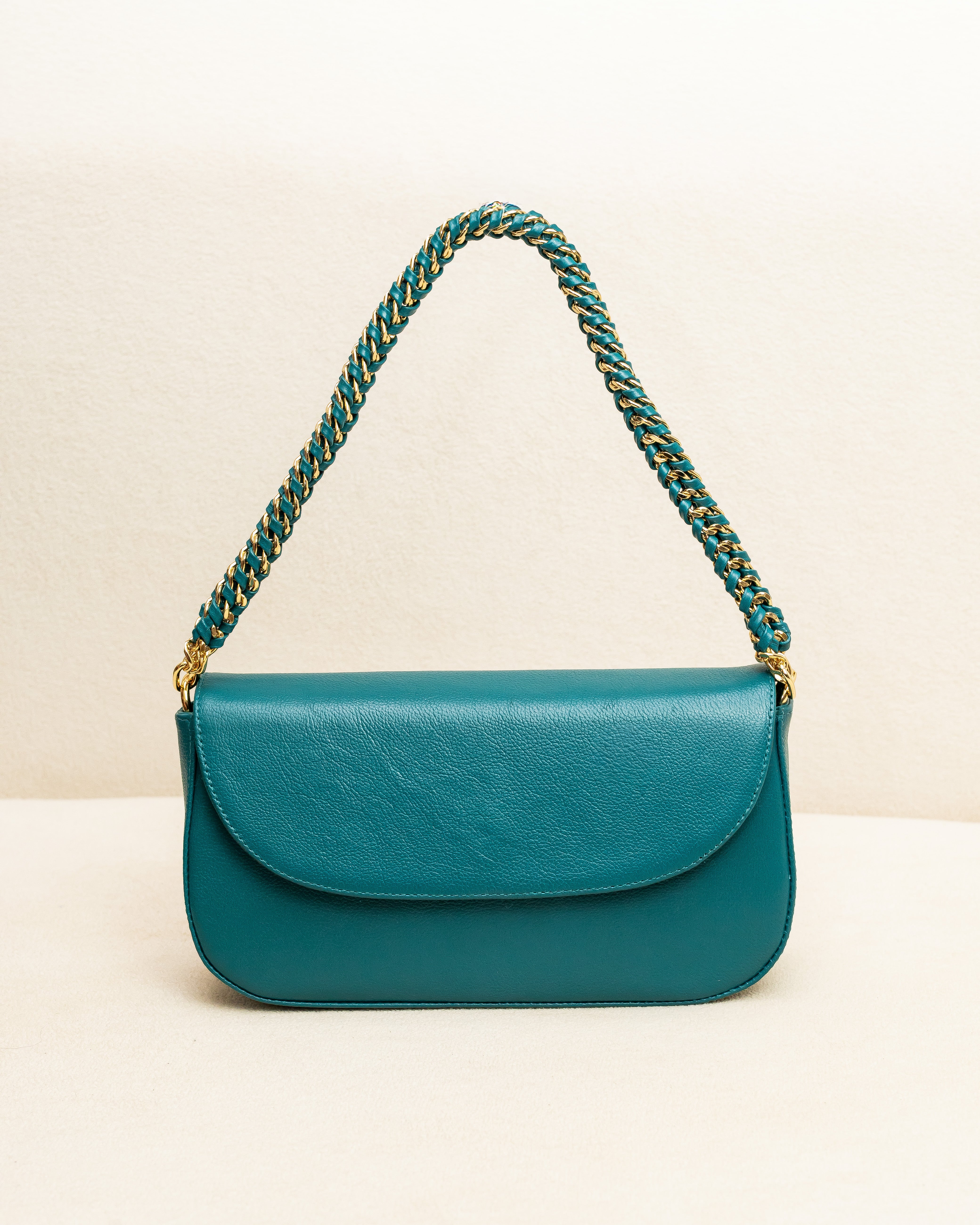 Bolsa tiracolo de Couro Legítimo Azul Petróleo Alba - Ferragem dourada (Acompanha Presente)