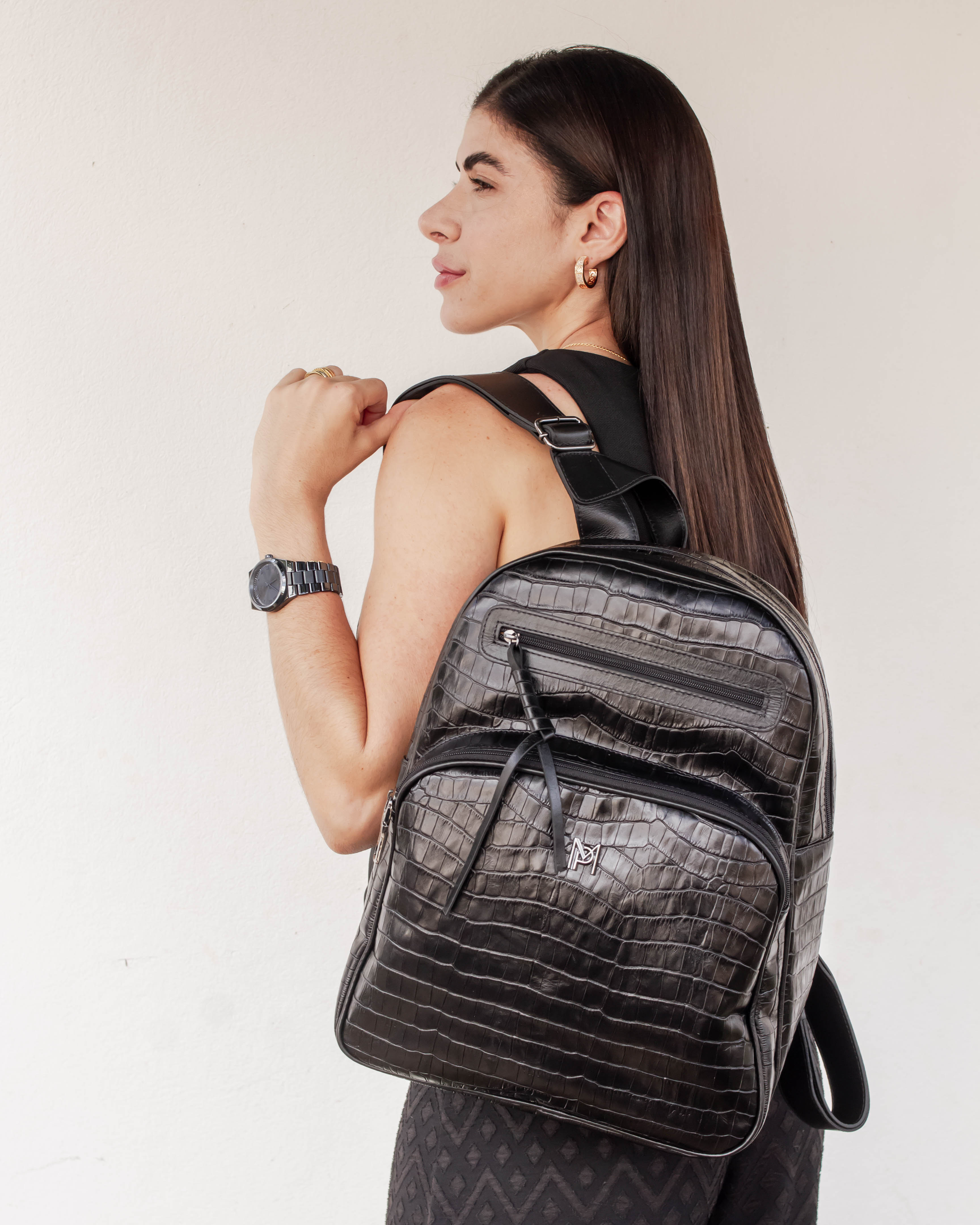 MOCHILA FLÓRIDA EM COURO LEGÍTIMO PRETO CROCO